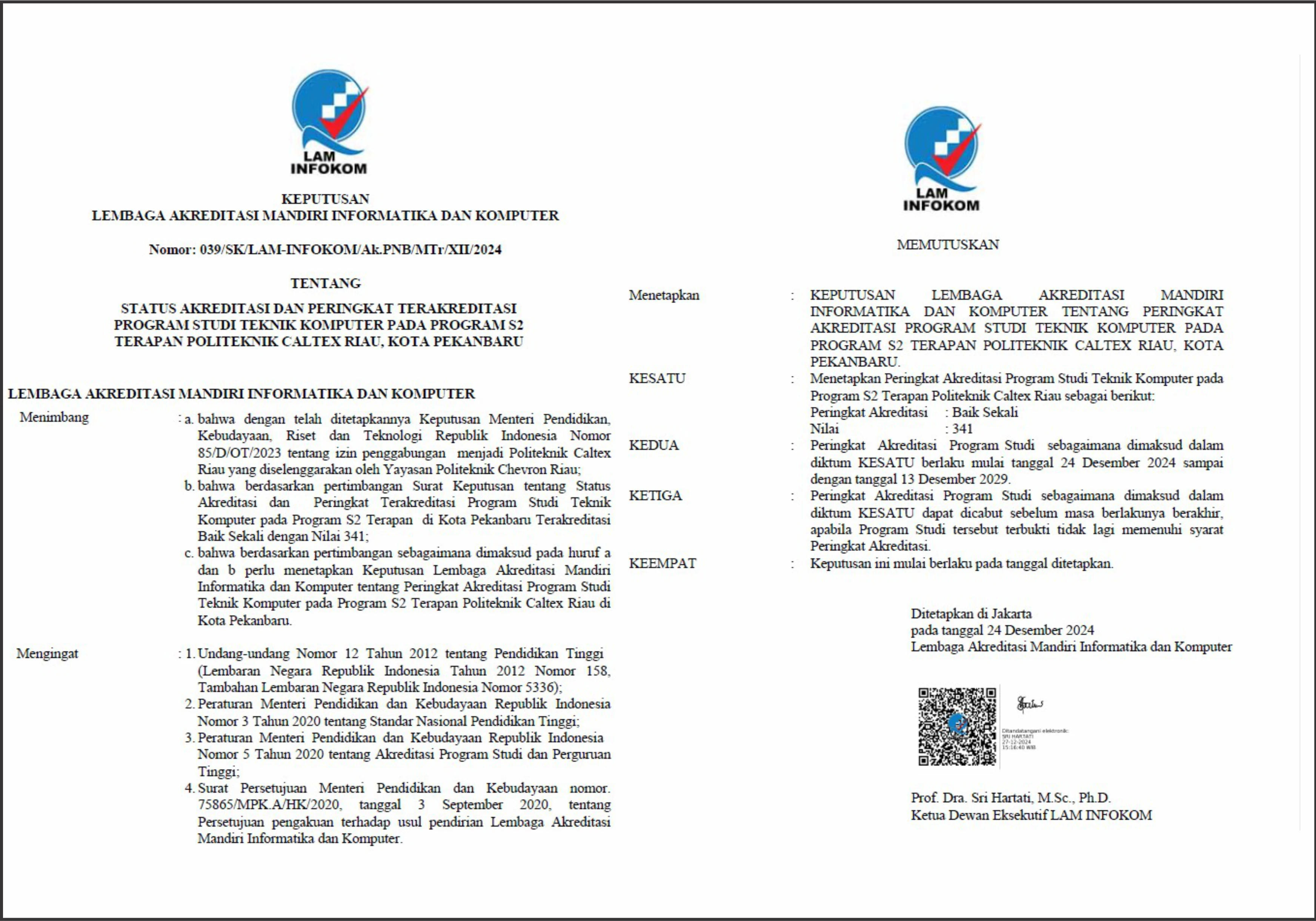 Akreditasi Magister Terapan Teknik Komputer LAM-INFOKOM 2024